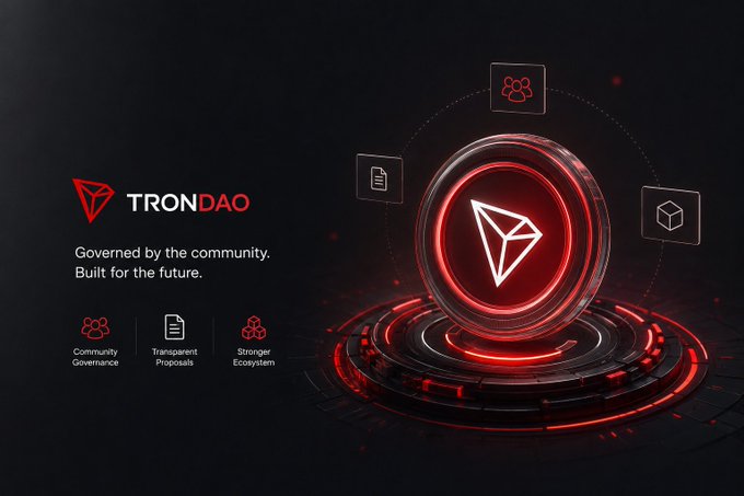 A futuristic dark banner features the TRONDAO logo with the tagline "Governed by the community. Built for the future." alongside icons highlighting Community Governance, Transparent Proposals, and Stronger Ecosystem, visually reinforcing the post's emphasis on decentralized, community-driven blockchain governance rather than mere voting power.