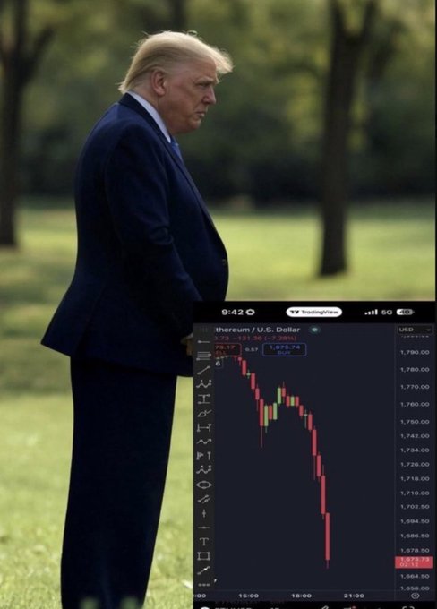 Former President Donald Trump stands outdoors in a suit, overlaid with a stock chart of Ethereum vs U.S. Dollar showing a sharp downward trend.
