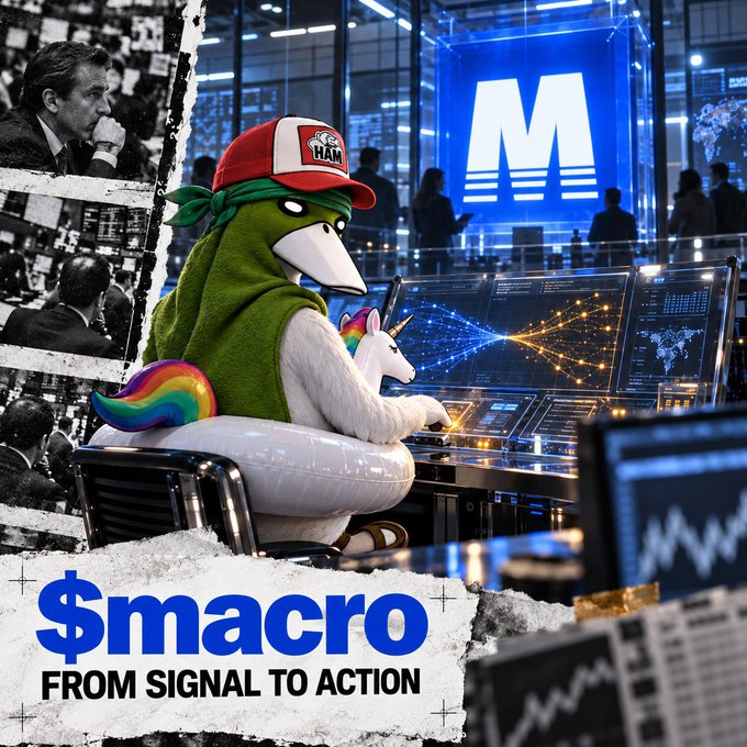 The image shows a cartoon green duck/duck-billed character wearing a red "HAM" trucker hat while sitting on a unicorn floatie at a high-tech trading desk filled with monitors displaying charts and global network graphics, with black-and-white newspaper clippings on the left side and a large blue "M" logo in the background; at the bottom, bold text reads "$macro FROM SIGNAL TO ACTION."

The visual metaphor perfectly captures the post's theme of an unconventional, autonomous crypto experiment—an absurd cartoon figure (the "weird experiment") equipped with serious trading infrastructure (the monitors, networks, and "M" command center) symbolizing how $MACRO is essentially an agent with a bankroll executing trades in real-time.