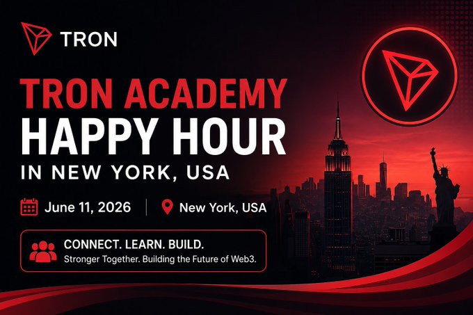 A promotional graphic for TRON Academy Happy Hour in New York, USA on June 11, 2026, featuring the TRON logo and New York skyline with Statue of Liberty.