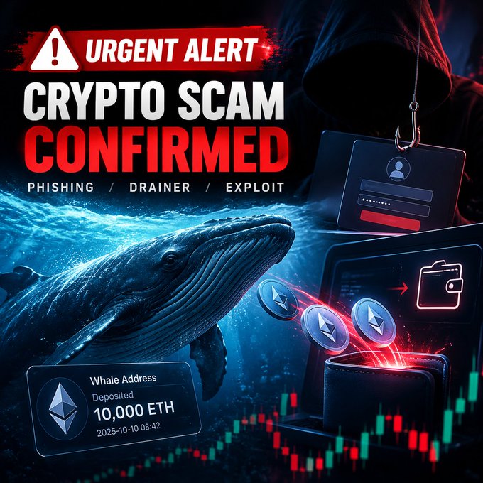 A 'URGENT ALERT: CRYPTO SCAM CONFIRMED' graphic warning of phishing/drainer/exploit scams, featuring a hooded hacker, a whale, Ethereum logos flowing into a wallet, and a 'Whale Address Deposited 10,000 ETH' notification dated 2025-10-10.