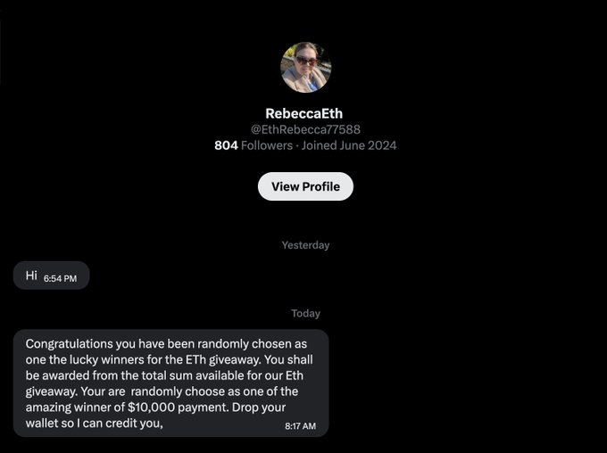 A screenshot of a Twitter/X profile for 'RebeccaEth' (@EthRebecca77588) showing a private message claiming the user has won an ETH giveaway of $10,000 payment, a classic scam message.