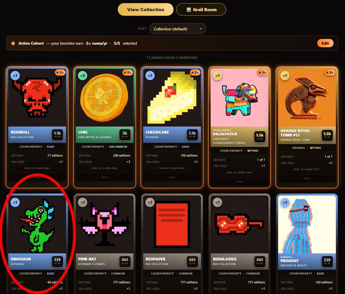 A digital collectibles marketplace displays a grid of pixel art NFTs with the "Dinosaur" item (item #539, with 45 editions held at counterparty rarity) circled in red, matching the 2015 DINOSAUR referenced in the trade. The collection includes other Counterparty assets like Redskull, Lore, Cheesecake, Orange Royal Tomb, Pink Bat, Redpaper, Redglasses, and Pinata's Progeny, highlighting a trade of a 2025 Rune for this rare dinosaur asset.