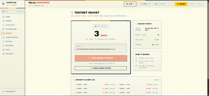 The image shows a screenshot of an online account, with the main focus being on the text "claim your 3 Dac token testnet @dac_chain inception.dachain.io/?ref=DAC1271761". This could be related to a discussion about cryptocurrency or the testing process for new tokens in the Testnet ecosystem. The image also displays other details, such as the names of several individuals and the date it was taken.