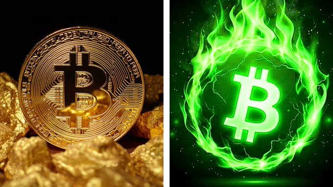 Two Bitcoin-themed images side by side: a physical gold-colored Bitcoin coin resting on gold nuggets on the left, and a glowing green Bitcoin symbol surrounded by flames on the right.