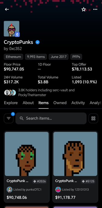 An OpenSea page for the CryptoPunks NFT collection, showing a floor price of $90,747.05, top offer of $78,113.53, and items like CryptoPunk #2026 and CryptoPunk #5125.