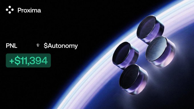 A cryptocurrency promotional image for "Proxima" displays a profit/loss (PNL) of "+$11,394" for the ticker "$Autonomy," featuring four metallic pill-shaped tokens floating against an Earth-from-space backdrop. This appears to be tied to a giveaway post offering $10 to one person who engages with the quoted content and comments a Solana address, likely as part of a trading or investment promotion.