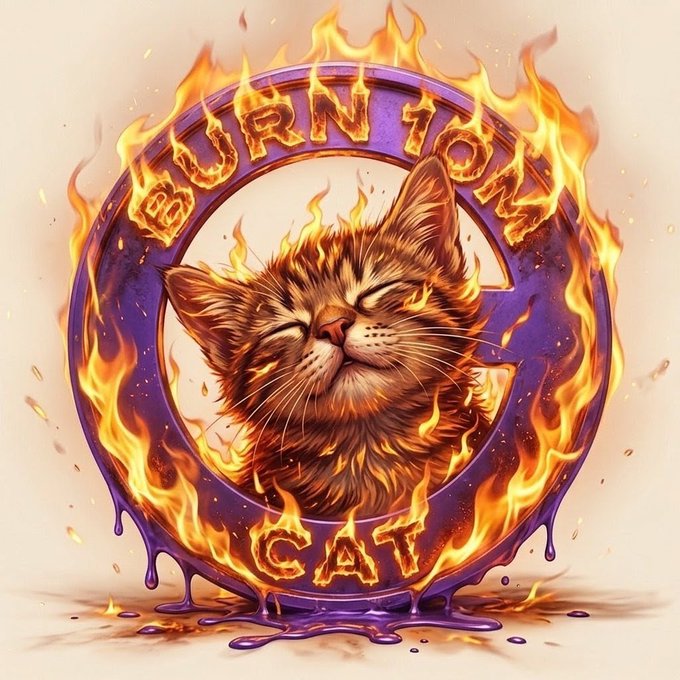 An illustration of a brown cat with its eyes closed inside a purple ring that reads "BURNTON CAT," surrounded by flames and dripping purple liquid.