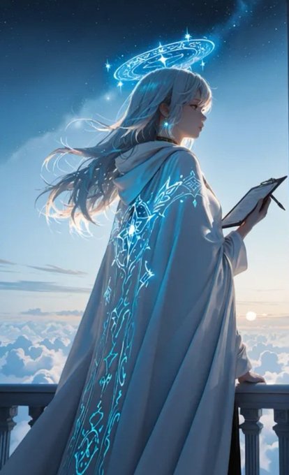 An anime-style illustration of a figure with long white hair, a glowing halo-like crown, and intricate blue glowing patterns on a flowing cloak, standing on a balcony above clouds at sunset while holding a book.