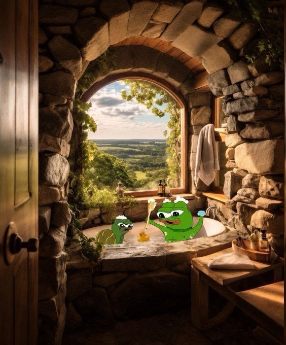 A whimsical illustration of two green frogs with soap suds taking a bubble bath in a stone bathtub set within an arched stone alcove overlooking a scenic landscape.