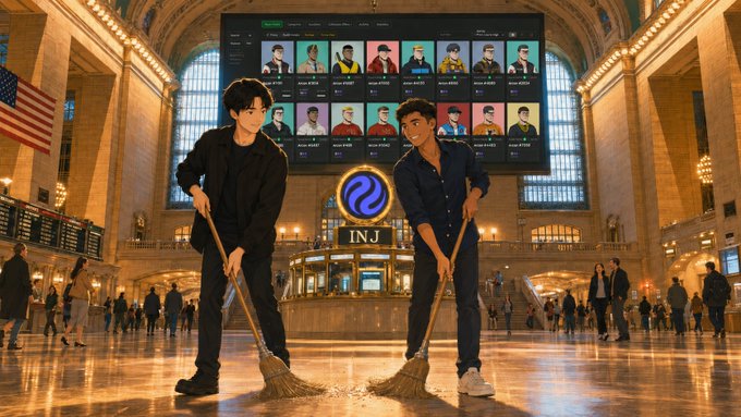 Two stylized figures sweep debris in a grand hall beneath a glowing "INJ" emblem and a digital board displaying numerous NFTs, with the caption highlighting 25+ Talis Protocol Ninjas being swept while pointing to xCultofAnons as a top $INJ collection worth attention.