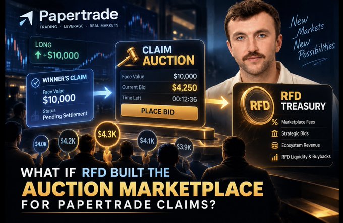 The image presents a conceptual "Auction Marketplace" for Papertrade claims, showing a $10,000 face value claim auction with a current bid of $4,250 and 12:36 time remaining, alongside an RFD Treasury breakdown of marketplace fees and strategic bids. It visually illustrates the post's thought experiment about the $RFD treasury building an auction utility for $PAPER claims as an alternative to direct liquidity provision.