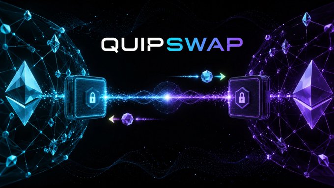 A promotional graphic for 'QUIPSWAP' showing a lock-secured cryptocurrency exchange between Ethereum and another blockchain.
