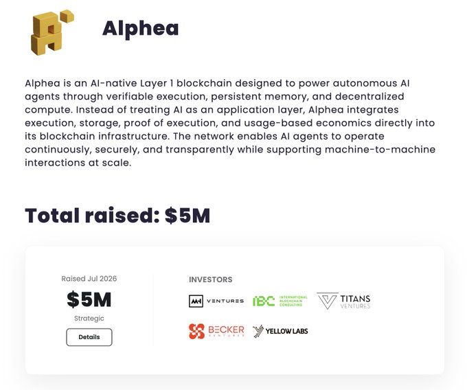 The image shows a funding announcement for "Alphea," an AI-native Layer 1 blockchain, which has raised $5M (Strategic round) in July 2026 from investors including AMA Ventures, IBC International Blockchain Consulting, Titans Ventures, Becker Ventures, and Yellow Labs. This relates to the post's mention of @ama_protocol as one of the investors backing Alphea, highlighting AMA's involvement in funding this AI-agent-focused blockchain project.