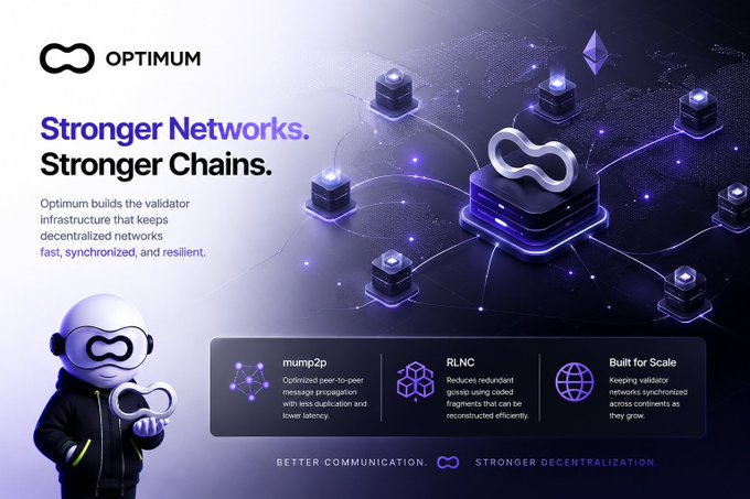 The image is a promotional graphic for Optimum, featuring a purple-toned futuristic design with a 3D character mascot and interconnected node towers symbolizing network infrastructure. Key visible text includes the tagline "Stronger Networks. Stronger Chains." along with technical features highlighted: "mump2p" (optimized peer-to-peer message propagation), "RLNC" (reduces redundant gossip using coded fragments), and "Built for Scale" (keeping validator networks synchronized across continents), reinforcing the post's focus on Optimum's validator infrastructure and node communication optimization.