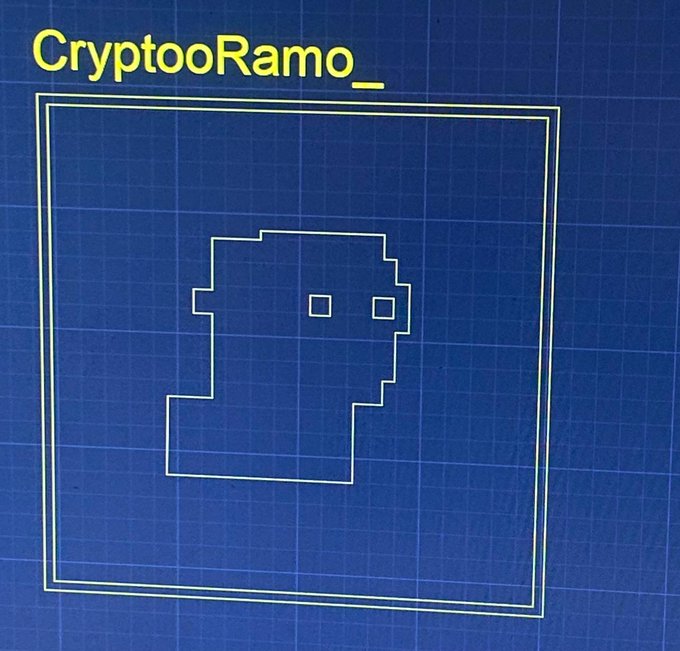 A pixel-art style ghost character outlined in yellow on a blueprint grid background, with the text 'CryptoRamo_' in the top left corner.