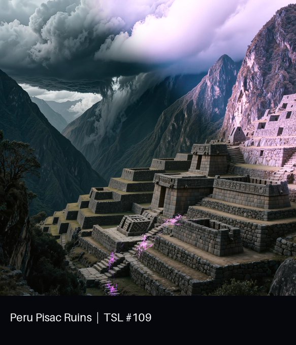 A scenic photograph of the Peru Pisac Ruins (labeled 'TSL #109'), showing ancient stone terraces built into a mountainside under dramatic, cloudy skies.