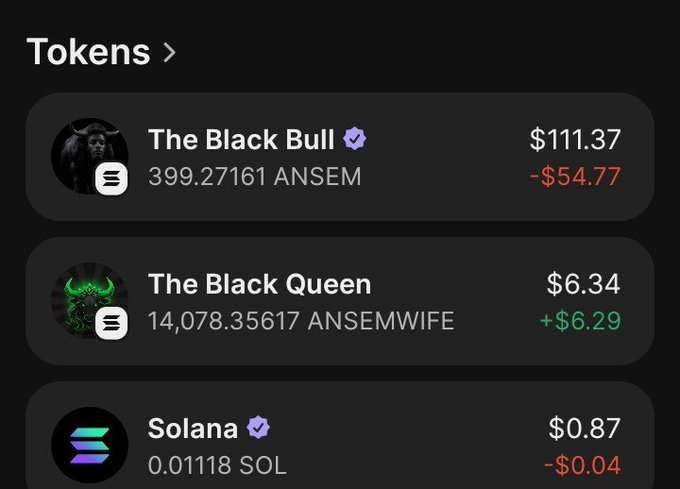 A token portfolio display showing The Black Bull (ANSEM) at $111.37, The Black Queen (ANSEMWIFE) at $6.34, and Solana (SOL) at $0.87 with price changes.