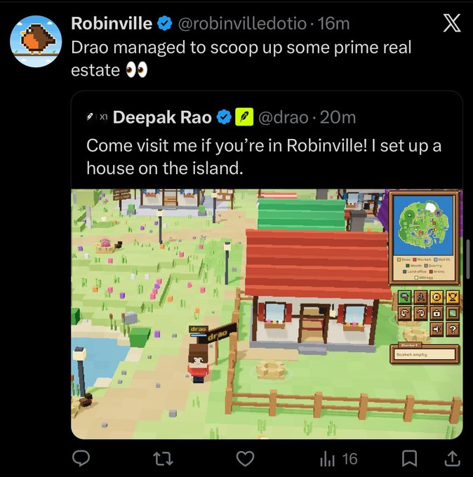 A screenshot of a social media post shows the verified "Robinville" account (@robinvilledotio) quoting a post from Deepak Rao (@drao), who is displayed with a yellow verified checkmark and writes, "Come visit me if you're in Robinville! I set up a house on the island." The quoted post includes an image of a pixelated avatar standing outside a red-roofed house in a virtual game environment, with a name tag reading "drao" and a chat box displaying "Bucket empty." The accompanying post criticizes Robinhood's promotion of Rao's virtual house on "Robinville," questioning the authenticity of accounts and raising concerns about trust in crypto, noting that Deepak Rao is a real Senior Vice President at Robinhood.