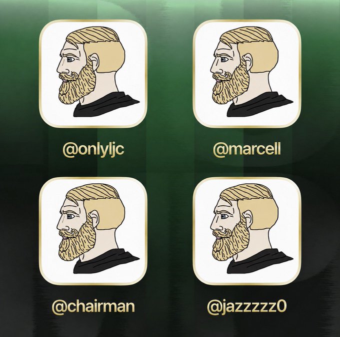 Four profile icons featuring a bearded blonde character with usernames @onlyjc, @marcell, @chairman, and @jazzzzz0 displayed on a dark green background.