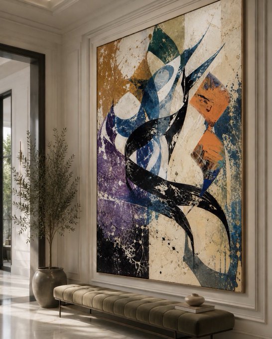 An interior view featuring a large abstract painting with blue, purple, orange, and black colors hung on a wall above a tufted bench and a potted plant.