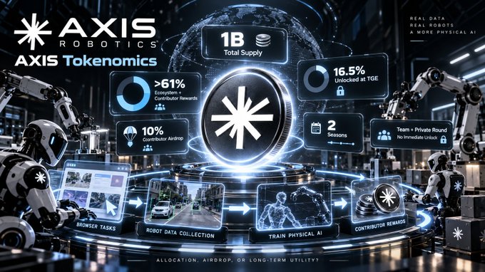 An infographic for "AXIS ROBOTICS - AXIS Tokenomics" detailing a 1B total supply with stats like 16.5% Unlocked at TGE, 2 seasons, and >61% Ecosystem + Contributor Rewards, set against a backdrop of robotic arms.