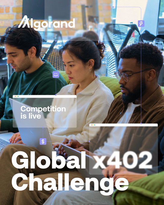 A promotional image for an 'Algorand' 'Global x402 Challenge' with the text 'Competition is live' overlaid on three people working on laptops.