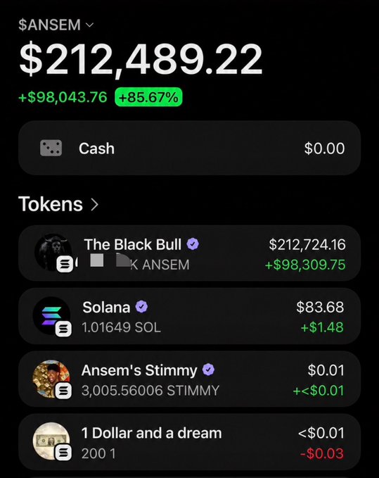 The image displays a wallet portfolio screenshot showing a $ANSEM token balance of $212,489.22 with an 85.67% gain (+$98,043.76), held primarily through "The Black Bull" token valued at $212,724.16. This relates to the post as it serves as proof of the user's $ANSEM holdings to build credibility before announcing the planned airdrop giveaway.