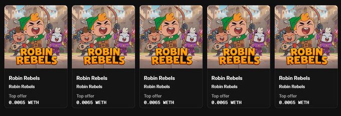 Five identical NFT listings for 'Robin Rebels' by Robin Rebels, each priced as a 'Top offer' of 0.0065 WETH.