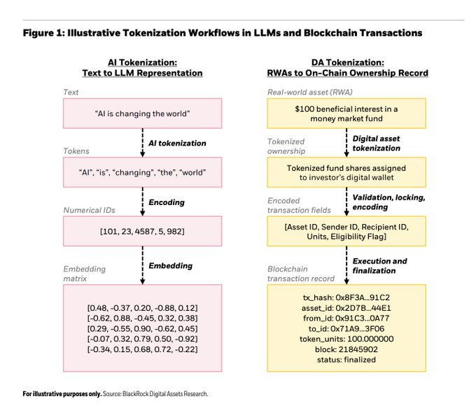 A flowchart titled 'Figure 1: Illustrative Tokenization Workflows in LLMs and Blockchain Transactions' comparing AI tokenization of text to a digital asset tokenization of a $100 money market fund interest, with the source attributed to BlackRock Digital Assets Research.