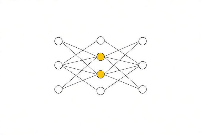A diagram shows a simple neural network with three layers: input nodes on the left, two highlighted yellow nodes in the hidden layer, and output nodes on the right, connected by gray lines.