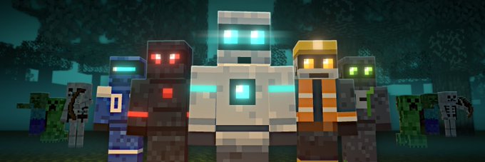 A lineup of robotic characters and blocky creatures in a dark, foggy forest setting, reminiscent of a video game.