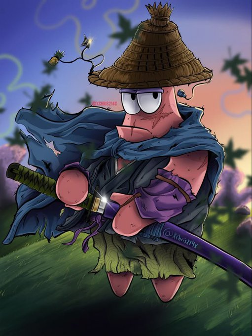A digital illustration shows a Patrick Star-like character dressed as a ronin samurai, wearing a straw hat and tattered blue cloak while holding a katana with glowing particles.