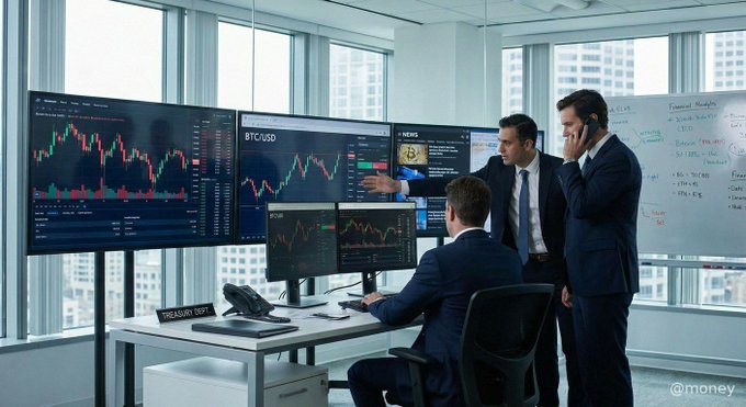 An office scene with three men in business attire in a high-rise trading room, with one seated at a multi-monitor setup showing cryptocurrency and BTC/USD charts while two others stand and talk on phones, with a 'BREAKAWAY DEPT' sign on the desk and '@money' watermark.