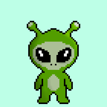 A pixel art illustration of a green alien character with large black eyes and antennae, standing against a light teal background.
