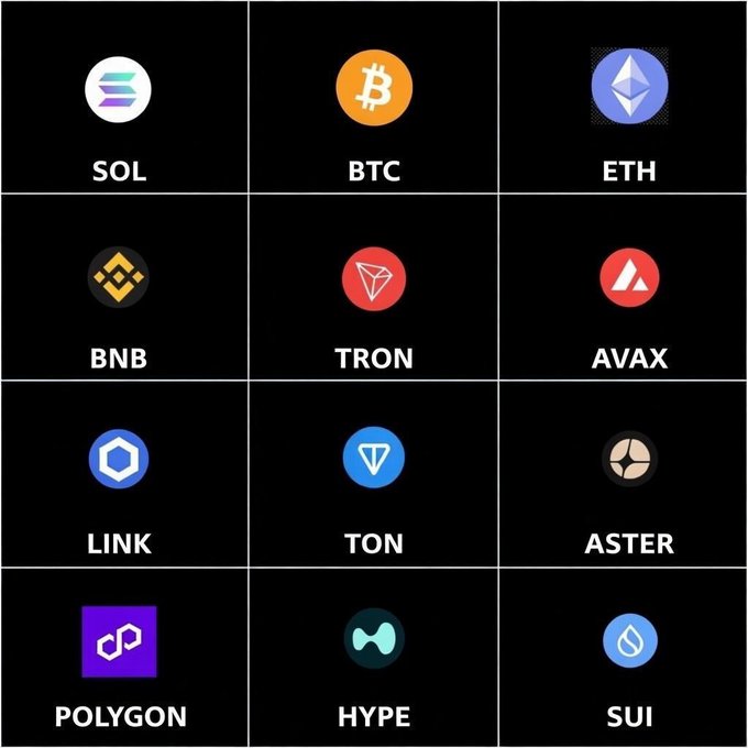 Grid of cryptocurrency logos and tickers on a black background featuring SOL, BTC, ETH, BNB, TRON, AVAX, LINK, TON, ASTER, POLYGON, HYPE, and SUI.