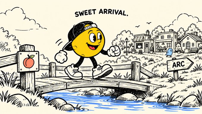 A cartoon illustration of a smiling yellow ball with a cap over a bridge, captioned 'SWEET ARRIVAL,' with a sign pointing to 'ARC' in a countryside setting.
