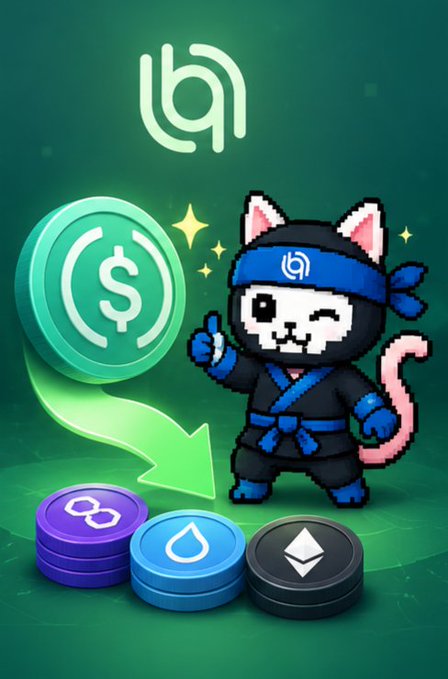 The image features a cartoon cat dressed as a ninja wearing a blue outfit and holding a green coin, standing next to three different colored coins - purple, blue, and black. The text above the cat reads "True interoperability means those differences shouldn'nt become barriers." This suggests that the cat is promoting the idea of true interoperability in the blockchain ecosystem, where various networks can work together seamlessly without hindering each other's functionality or causing compatibility issues.