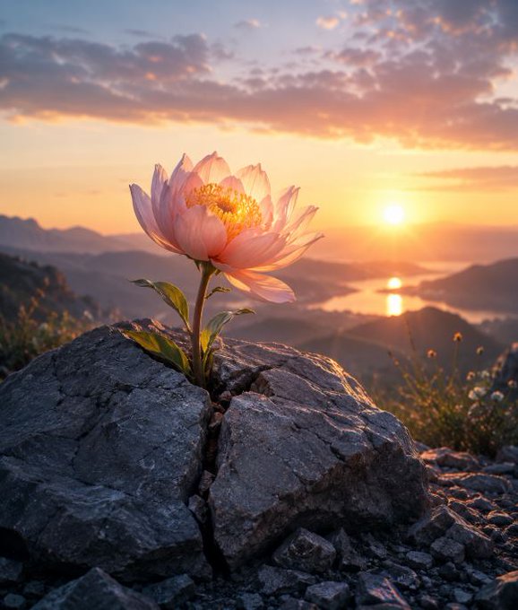 A serene landscape photograph of a pink lotus flower growing out of a cracked rock, with a stunning sunset over mountains and a reflective lake in the background.