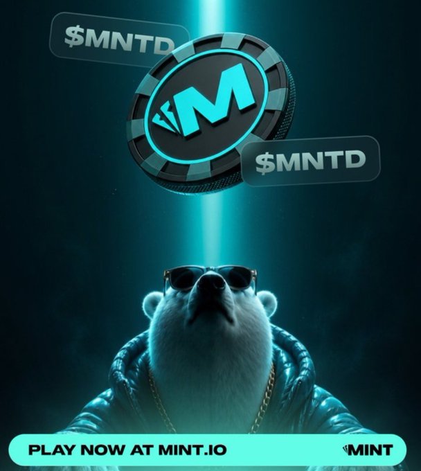 A promotional graphic for the cryptocurrency $MNTD, featuring a polar bear wearing sunglasses and a jacket, with text instructing to 'PLAY NOW AT MINT.IO'.