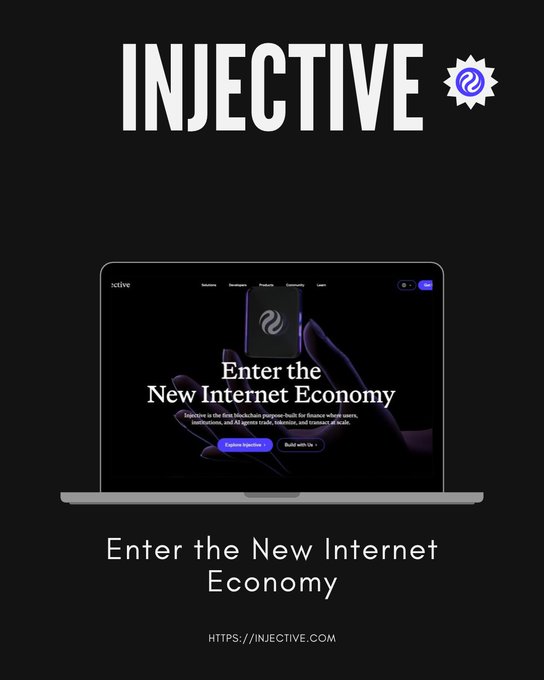 A promotional graphic for INJECTIVE features a laptop displaying their homepage with the text 'Enter the New Internet Economy' and the URL 'HTTPS://INJECTIVE.COM'.