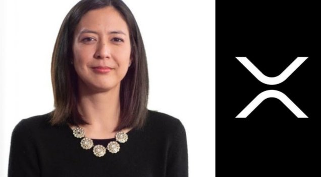 The image shows Ripple President Monica Long alongside the XRP logo, visually reinforcing the post about her comments on surging institutional demand for XRP and Ripple's RLUSD stablecoin.