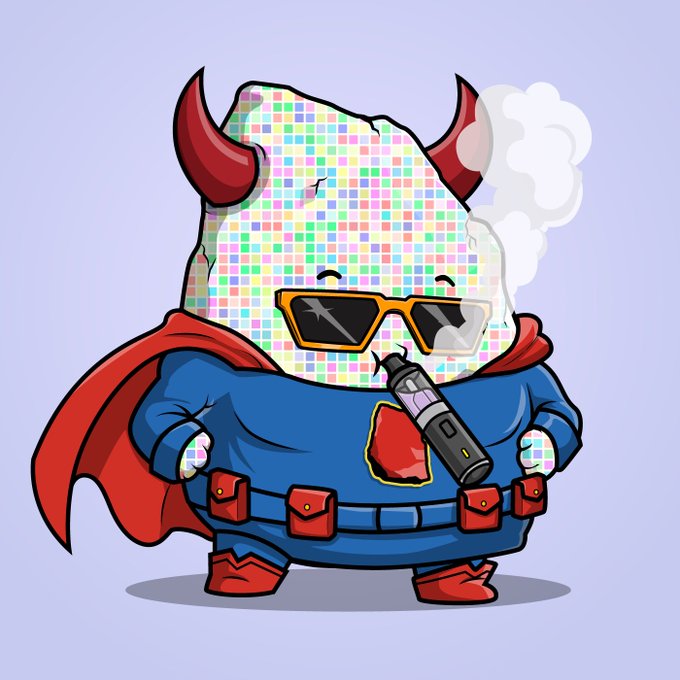 A cartoon character with a multicolored pixel-patterned head, red horns, sunglasses, a red cape, and blue suit, holding a vape pen that emits smoke.