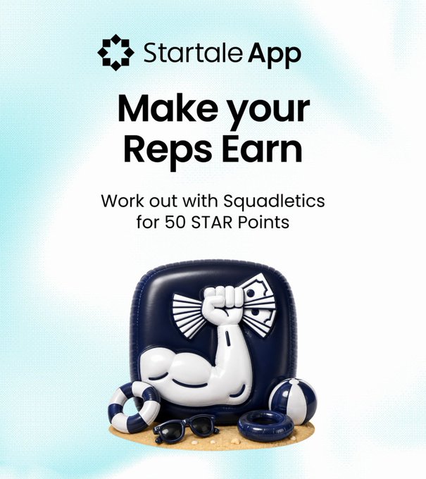 The image is a promotional graphic for the Startale App's "Summer Fiesta" campaign, featuring the bold headline "Make your Reps Earn" alongside the offer "Work out with Squadletics for 50 STAR Points." It showcases a 3D-rendered flexing arm character on a navy blue lounge chair, surrounded by beach items like a life preserver, sunglasses, and beach balls on sandy ground, tying the fitness reward concept to the post's message about gamified competition on Soneium.