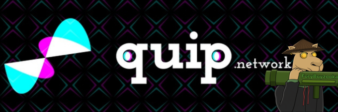 A banner for "quip.network" featuring a stylized cyan and magenta logo on a dark geometric background, alongside a cartoon cat character wearing a wizard hat and holding a rocket launcher, promoting their quantum-resistant crypto solution as RSA-breaking costs plummet.