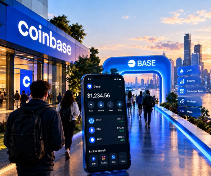 A promotional-style AI image showing a Coinbase store and a smartphone displaying a 'Base' app with a balance of $1,234.56, alongside a 'BASE' sign and menu options like DeFi, Trading, and Consumer Apps.