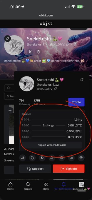 A phone screenshot of an objkt profile for “Snekotoshi” (@snekotoshi.tz) highlights the balance panel showing “1.31 ₺,” “0.00 ΞTZ,” “0.00 USdz,” and “0.09 USDT.”