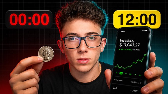 A young man with glasses holding a quarter in one hand and a smartphone showing an investing portfolio of $10,043.27 in the other, with '00:00' and '12:00' timers displayed on either side, suggesting a time-based investment comparison.
