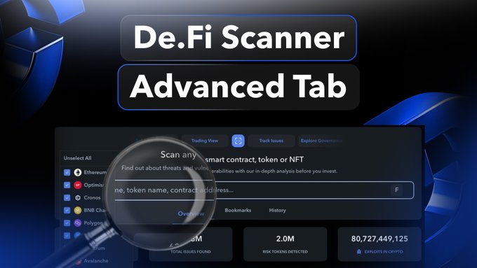 A promotional graphic for the De.Fi Scanner Advanced Tab features a dark blue background with the title prominently displayed at the top, alongside a screenshot of the tool's interface. The interface shows a search bar with the prompt "Scan any smart contract, token or NFT" and key metrics at the bottom, including 2.0M risk tokens detected, 80,727,449,125 exploits in crypto, and 6.8M total issues found. This visually supports the post's claim of streamlining smart contract auditing into a single click to save users time and money.