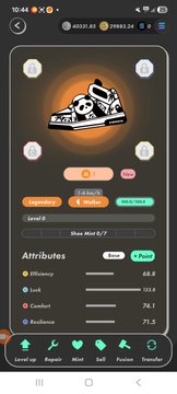 A mobile game screen displaying a level-up character with the text 'Level 8', 'Show Hint 5/7', and attributes including Efficiency 88.8, Luck 55.8, Comfort 74.1, and Resilience 71.5.